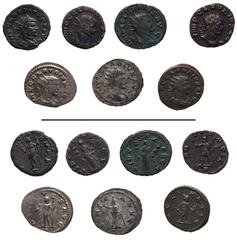 Roman Imperial Claudius II Gothicus. AD 268-270. Lot of seven (7) Antoniniani with engravers' errors. Includes the following: 1) MILAN. FELIC TNMPO, Felicitas holding caduceus and scepter; –/–//T. RIC