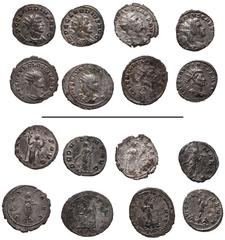 Roman Imperial Claudius II Gothicus. AD 268-270. Lot of eight (8) Antoniniani. A group of well-silvered specimens. Includes the following: 1) ROME. Felicitas holding caduceus and cornucopia; –/–//–. R