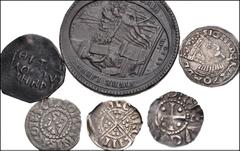 Large Lots MIXED. Early Medieval to British. Lot of seven (7) AR, BI, and CU denominations. Includes: Æ issue of Tancred // AR dirham of Hülegü // CU Monneron de 5 Sols. Dated 1792 // BI Denier of Le 