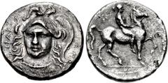 Greek SICILY, Syracuse. Timoleon and the Third Democracy. 344-317 BC. AR Diobol or 1½ Litrai (13mm, 1.17 g, 4h). Attic or litra standard. Helmeted head of Athena facing slightly left / Nude youth on h