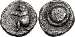 Greek THRACO-MACEDONIAN REGION, Uncertain. 5th century BC. AR Tetartemorion (5.5mm, 0.23 g). Primate crouching left / Pellet or shield within incuse square with slightly rounded corners. Tzamalis 67. 