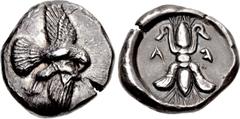Greek ELIS, Olympia. 83rd-85th Olympiad. 448-440 BC. AR Stater (22mm, 12.18 g, 10h). Eagle, wings spread, in flight right, holding dead hare in its talons and tearing at it / Vertical thunderbolt with
