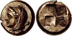 Greek IONIA, Phokaia. Circa 387-326 BC. EL Hekte – Sixth Stater (10.5mm, 2.52 g). Head of Omphale left, wearing lion skin; club behind neck; below, small seal left / Quadripartite incuse square. Boden