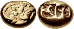 Greek LYDIA, Uncertain. 6th century BC. EL Trite – Third Stater (12.5mm, 4.71 g). Lydo-Milesian standard. Forepart of lion left / Double incuse square punch. Cf. Spier 9–11 (smaller denominations, but