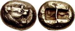Greek KINGS of LYDIA. temp. Alyattes – Kroisos. Circa 620/10-550/39 BC. EL Trite – Third Stater (12.5mm, 4.75 g). Sardes mint. Head of roaring lion right, "sun" with multiple rays on forehead / Two in