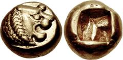 Greek KINGS of LYDIA. temp. Alyattes – Kroisos. Circa 620/10-550/39 BC. EL Hemihekte – Twelfth Stater (7.mm, 1.19 g). Sardes mint. Head of roaring lion right, sun with no rays on forehead / Incuse squ