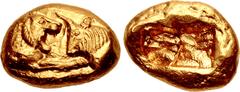 Greek KINGS of LYDIA. Kroisos. Circa 564/53-550/39 BC. AV Stater (18mm, 10.80 g). Heavy standard. Sardes mint. Regular issue. Confronted foreparts of lion and bull / Two incuse squares. Berk 2; Le Rid
