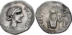 Roman Republican The Republicans. Brutus. Spring-early summer 42 BC. AR Denarius (18mm, 3.71 g, 7h). Military mint traveling with Brutus in Lycia. Head of Libertas right / Lyre between quiver to left 