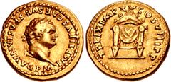 Roman Imperial Titus. AD 79-81. AV Aureus (18mm, 7.30 g, 5h). Rome mint. Struck 1 January-30 June AD 80. IMP TITVS CΛES VESPΛSIΛN ΛVG P M, laureate head right / TR P IX IMP XV COS VIII P P, pulvinar (