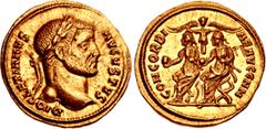Roman Imperial Diocletian. AD 284-305. AV Aureus (20mm, 5.44 g, 6h). Uncertain (Cyzicus or Antioch) mint. Special issue, struck AD 293. DIOCLETIANVS AVGVSTVS, laureate head right / CONCORDI–AE AVGG NN