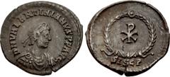 Roman Imperial Valentinian II. AD 375-392. AR Siliqua (18.5mm, 1.74 g, 12h). Festal issue. Siscia mint. Struck AD 377-378. Pearl-diademed, draped, and cuirassed bust right / Large Christogram within w
