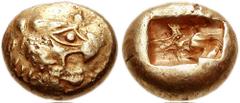 KINGS of LYDIA. Time of Alyattes II to Kroisos. Early 6th century BC. EL Third Stater - Trite (12mm, 4.70 g). Head of roaring lion right, sun with four rays on forehead / Double incuse punch. Weidauer