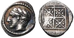 Greek MACEDON, Chalkidian League. Circa 425-390 BC. AR Obol (7mm, 0.23 g). Reduced standard. Olynthos mint. Laureate head of Apollo left / Quadripartite incuse square, each quadrant diagonally divided