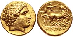 Greek KINGS of MACEDON. temp. Philip II – Alexander III. Circa 340/36-328 BC. AV Stater (17mm, 8.44 g, 1h). In the name and types of Philip II. Pella mint. Head of Apollo right, wearing laurel wreath 