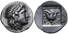 Greek ISLANDS off CARIA, Rhodos. Rhodes. Circa 188-170 BC. AR Drachm (16.5mm, 3.11 g, 12h). 'Plinthophoric' coinage. Agemachos, magistrate. Radiate head of Helios right / Rose with bud to right; AΓEMA