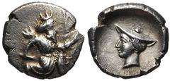 Greek CILICIA, Uncertain. AR Tetartemorion (6.5mm, 0.23 g). Persian king or hero in kneeling-running stance right, holding dagger and bow / Head of Hermes left, wearing petasos. Göktürk –; Troxell & K
