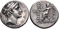 Greek SELEUKID EMPIRE. Antiochos V Eupator. 164-162 BC. AR Tetradrachm (28mm, 16.71 g, 12h). Antioch on the Orontes mint. Diademed head right / Zeus Nikephoros seated left; ΔI to outer left. SC 1575.9