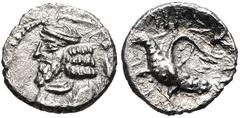 Oriental Greek KINGS of PERSIS. Pakōr (Pakor) I. 1st century AD. AR Obol (15mm, 0.54 g, 9h). Istakhr (Persepolis) mint. Diademed bust left; to right, trace of eagle left, crowning king with diadem / E