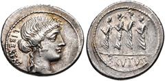 Roman Republican Q. Servilius Caepio (M. Junius) Brutus. 54 BC. AR Denarius (21mm, 3.94 g, 2h). Rome mint. Head of Libertas right / The consul L. Junius Brutus walking left between two lictors, each c