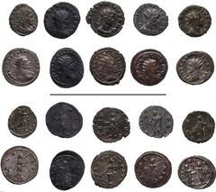 Roman Imperial Claudius II Gothicus. AD 268-270. Lot of ten (10) Antoniniani. Includes the following: 1) MILAN. Victory holding wreath and palm frond; –/–//S. RIC Online 33. 2) ROME. Pax holding olive