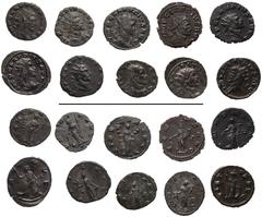Roman Imperial Claudius II Gothicus. AD 268-270. Lot of ten (10) Antoniniani. Includes the following: 1) MILAN. Concordia holding standard and cornucopia; –/–//T. RIC Online 92 (this coin cited). 2) P