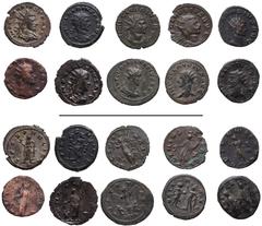 Roman Imperial Claudius II Gothicus. AD 268-270. Lot of ten (10) Antoniniani. Includes the following: 1) MILAN. Spes holding flower and lifting skirt; –/–//P. RIC Online 27. 2) Fides holding two stand