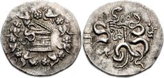 MYSIA, Pergamon. Circa 133-67 BC. AR Cistophoric Tetradrachm (26mm, 12.46 g). Struck circa 95-92 BC. Cista mystica with serpent; all within ivy wreath / Bow-case with serpents; BO above, thyrsos right