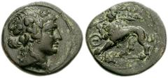 LYDIA, Sardes. Circa 2nd-1st Century BC. Æ 17mm (3.00 g). Head of Dionysos right, wearing wreath of ivy / Panthe crouching left, holding broken spear in mouth; Θ to left, monogram below. SNG von Aulco