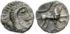 CELTIC BRITAIN. Iceni. Mid-Late 1st Century BC. AR Unit (14mm, 1.22 g, 5h). Face/Horse Regular type. Head right; [triskeles symbol before] / Horse right; pellet ring above, quadrate below below. Hobbs