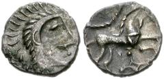 CELTIC BRITAIN. Iceni. Mid-Late 1st Century BC. AR Unit (14mm, 1.22 g, 5h). Face/Horse Regular type. Head right; [triskeles symbol before] / Horse right; pellet ring above, quadrate below below. Hobbs
