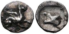 Greek TROAS, Assos. Circa 500-450 BC. AR Tetartemorion (7mm, 0.22 g). Griffin springing right / Astragalos within incuse square. SNG Ashmolean –; SNG Copenhagen –; Klein 475. VF, toned. Rare.