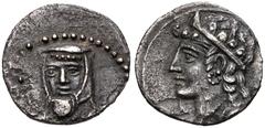 Greek CILICIA, Uncertain. 4th century BC. AR Obol (10.5mm, 0.60 g, 5h). Draped bust, wearing satrapal headdress, facing slightly left; star to left / Crowned and draped female bust left. Gökturk 88 (E
