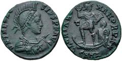 Roman Imperial Theodosius I. AD 379-395. Æ (21mm, 4.41 g, 6h). Heraclea mint, 1st officina. Struck 25 August AD 383-28 August AD 388. D N THEODO SIVS P F AVG, pearl-diademed, helmeted, draped, and cui