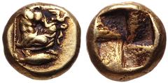 Greek MYSIA, Kyzikos. Circa 450-330 BC. EL Myshemihekte – Twenty-fourth Stater (6mm, 0.69 g). Zeus kneeling right, chiton draped from waist, holding scepter in right arm, left arm extended, above whic