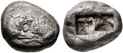 Greek KINGS of LYDIA. Kroisos. Circa 564/53-550/39 BC. AR Hemistater (14mm, 5.17 g). Sardes mint. Confronted foreparts of lion and bull / Two square punches of unequal size. Berk 23; SNG Ashmolean 763