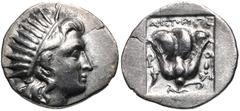Greek ISLANDS off CARIA, Rhodos. Rhodes. Circa 170-150 BC. AR Drachm (17mm, 2.81 g, 12h). 'Plinthophoric' coinage. Aristokritos, magistrate. Radiate head of Helios right / Rose with bud to right; APIΣ