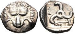 Greek DYNASTS of LYCIA. Mithrapata. Circa 390-370 BC. AR Sixth Stater (13mm, 1.37 g). Uncertain mint. Facing lion scalp / Triskeles; labrys in one section; all within incuse square. Müseler VII –; Fal