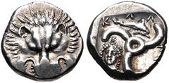 Greek DYNASTS of LYCIA. Perikles. Circa 380-360 BC. AR Third Stater (14.5mm, 3.04 g). Uncertain mint (Phellos?). Lion scalp facing / Triskeles; in one section, draped bust of female facing slightly le