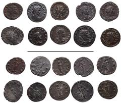 Roman Imperial Claudius II Gothicus. AD 268-270. Lot of ten (10) Antoniniani. Includes the following: 1) MILAN. Diana holding long torch; –/–//P. RIC Online 72 (this coin cited). Scarce. 2) ROME. Anno