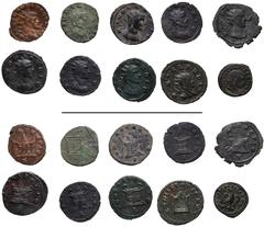Roman Imperial Divus Claudius II Gothicus. Died AD 270. Lot of ten (10) coins. Includes the following commemorative antoniniani struck under Aurelian: 1) MILAN. Altar with four panels; –/–//T. RIC Onl