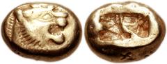 KINGS of LYDIA. Time of Alyattes II. Late 7th century BC. EL Third Stater - Trite (12mm, 4.76 g). Head of roaring lion right, sun with four rays on forehead / Double incuse punch. Weidauer 64; BMC Lyd