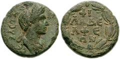 LYDIA, Philadelphia. Plotina, wife of Trajan. Augusta, 105-122 AD. Æ 18mm (5.06 g). Draped bust right / ΦI/ΛAΔE/ΛΦE/ΩN, legend in four lines within laurel-wreath. BMC Lydia pg. 198, 70; SNG Copenhagen