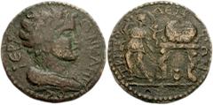 LYDIA, Tripolis. Autonomous. Circa 3rd Century AD. Æ 32mm (13.97 g). Draped bust of the Senate right / TΡIΠO-ΛEI-TΩN, Leto running left, holding her children Artemis and Apollo; on right an agonistic 