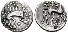 CELTIC BRITAIN. Iceni. Mid-Late 1st Century BC. AR Unit (14mm, 1.19 g, 2h). Boar/Horse type. Boar left / Horse right; wheel above, pellet in symbol below. Hobbs 3440-3512; Van Arsdell 659-3; SCBC 431.