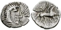 CELTIC BRITAIN. Iceni. Mid-Late 1st Century BC. AR Unit (14mm, 1.20 g, 5h). Face/Horse Regular type. Head right; [triskeles symbol before] / Horse right; pellet ring above, quadrate below below. Hobbs