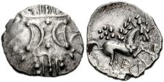 CELTIC BRITAIN. Iceni. Mid-Late 1st Century BC. AR Unit (14mm, 1.24 g, 11h). Ece type. Opposed crescents / Horse right; ECE below. Hobbs 4348-4538; Van Arsdell 762-1; SCBC 445. VF, lightly toned, attr