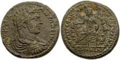 LYDIA, Cilbiani Inferior. Caracalla. 198-217 AD. Æ 30mm (17.24 g). Laureate, draped and cuirassed bust right / Tyche seated left, holding phiale; Nike behind, crowning her. SNG von Aulock -; Lindgren 
