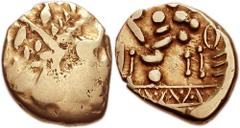 CELTIC, Britain. Cantii. Uninscribed .1st century BC. AV Stater (10mm, 5.88 g, 3h). Westerham type. Devolved head of Apollo right / Disjointed horse left; zig-zag pattern in exergue. Hobbs 1-32; Van A