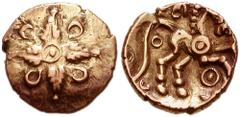 CELTIC, Britain. Catuvellauni & Trinovantes. Addedomaros. Late 1st century BC. AV Quarter Stater (13mm, 1.38 g). Crescent-shaped floral pattern / Horse right. Hobbs 2417-2421; Van Arsdell 1623-1; SCBC