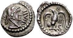 CELTIC BRITAIN. Catuvellauni. Epaticcus. Circa 25-35 AD. AR Unit (16mm, 1.29 m, 12h). EPATI, head of Hercules right, wearing lion's skin headdress / Eagle standing facing, slightly right, head left, w